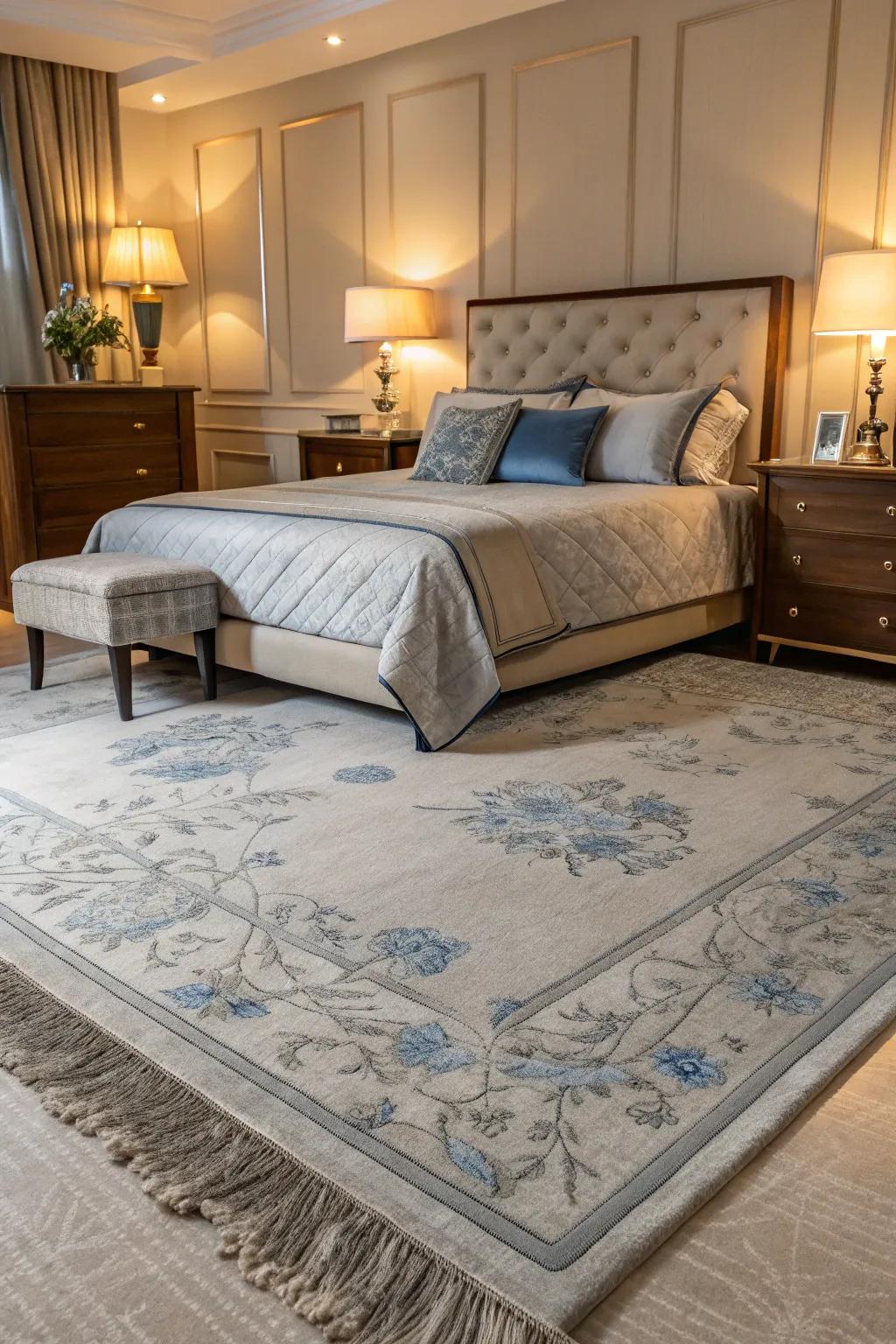 A grey rug anchors the chic space with subtle touches of blue.