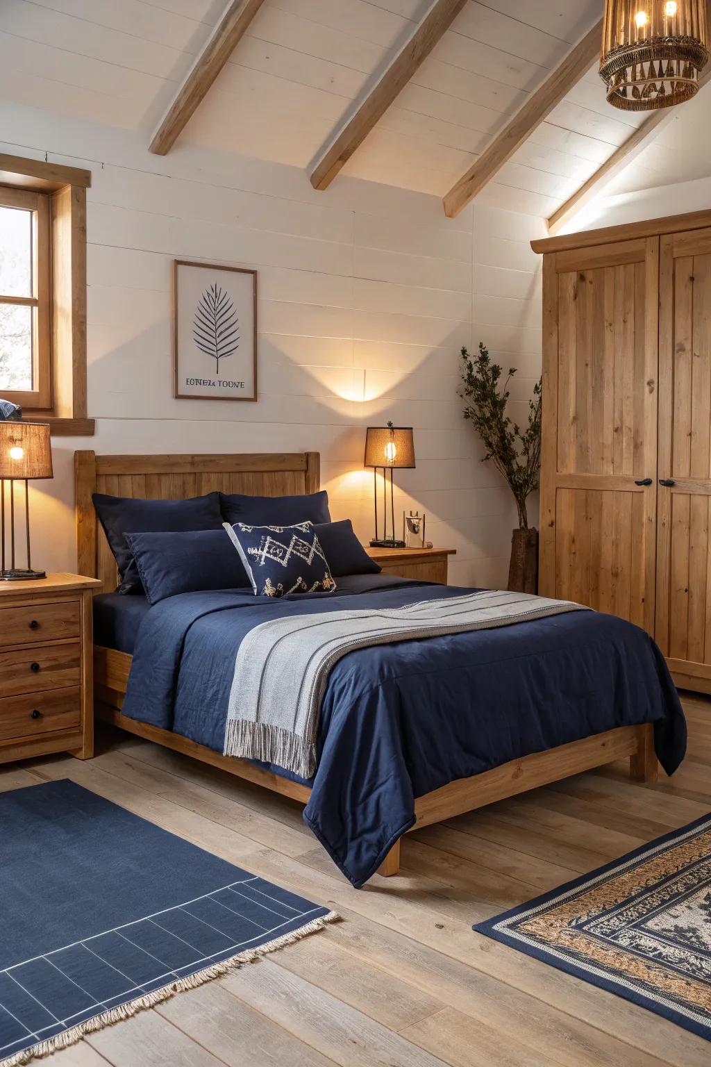 Create warmth by pairing navy with natural wood elements.