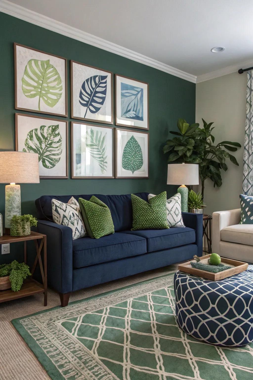 Art pieces effectively complement the deep blue and green theme.