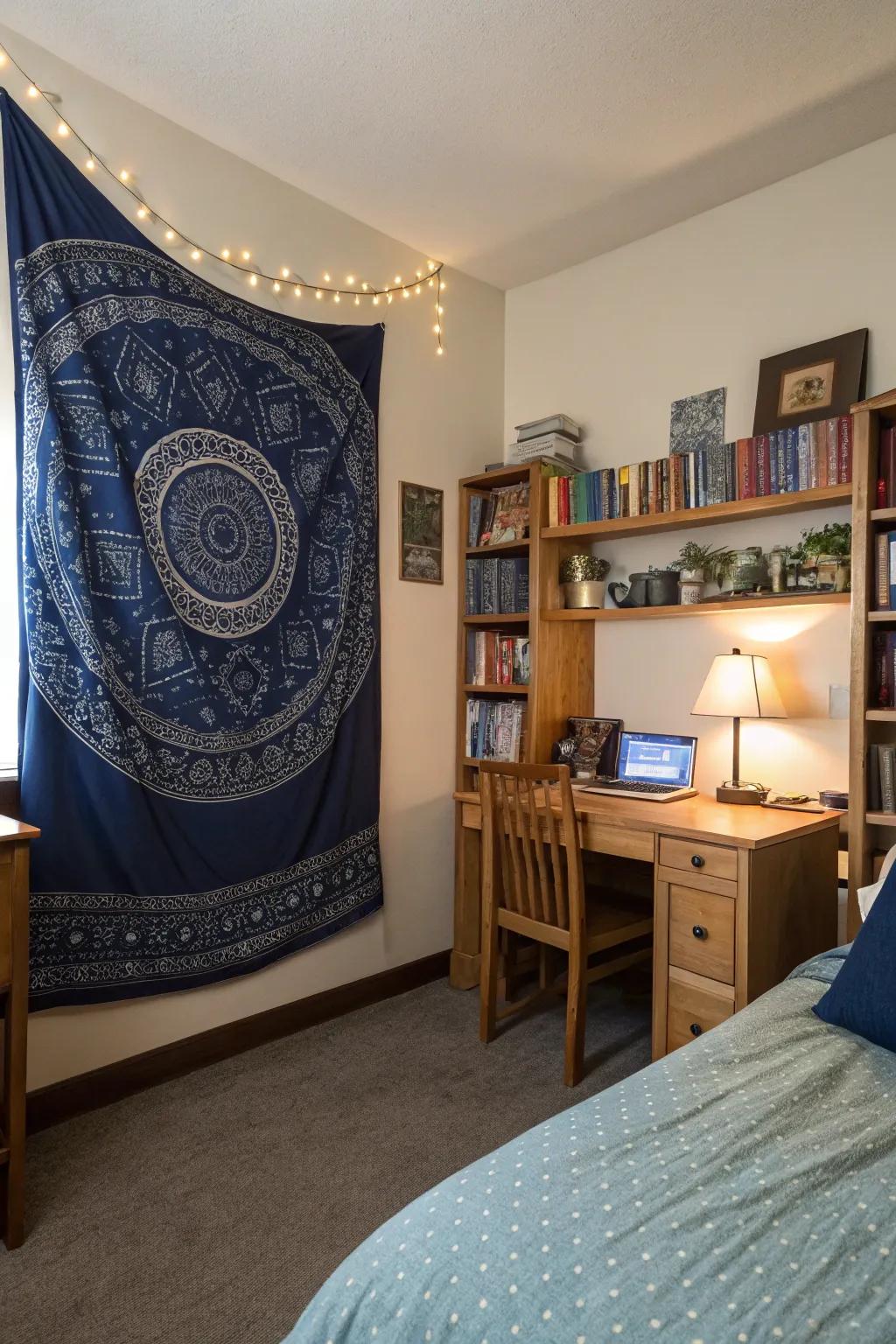 A bohemian wall hanging brings texture and character to your dorm’s interior.
