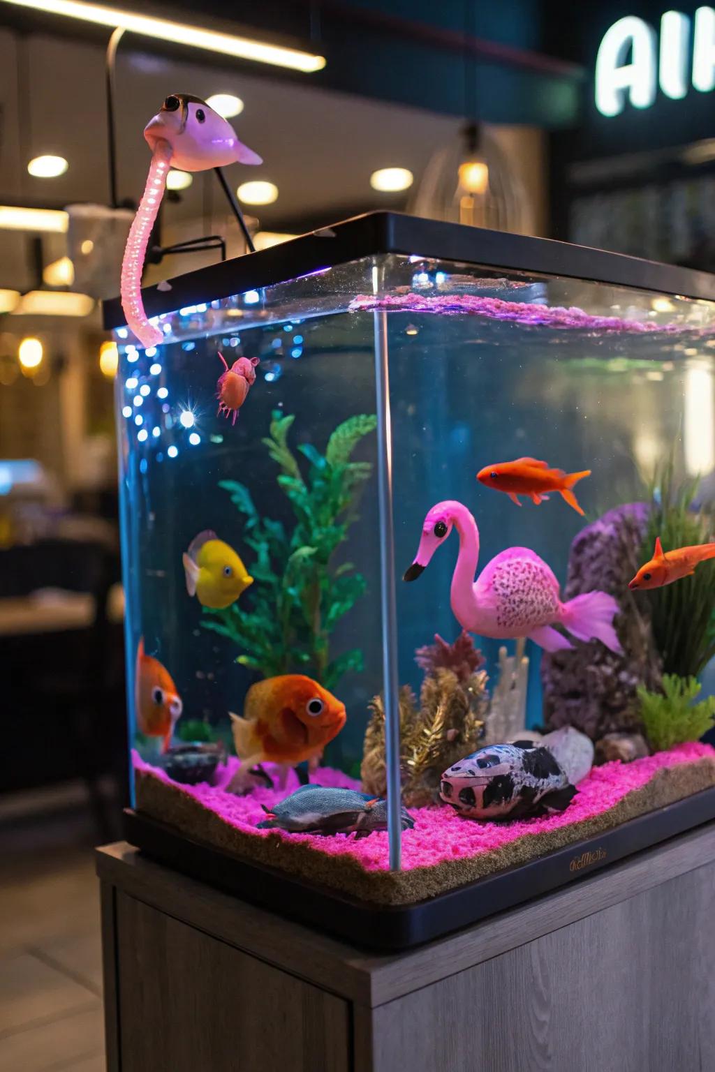 Fluorescent accessories compose a whimsical and distinctive aquarium arrangement.