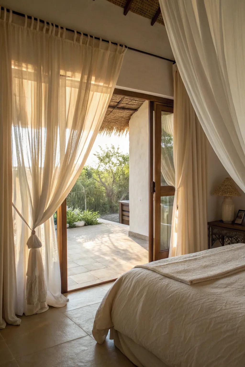 Airy curtains create a bright and uplifting atmosphere.
