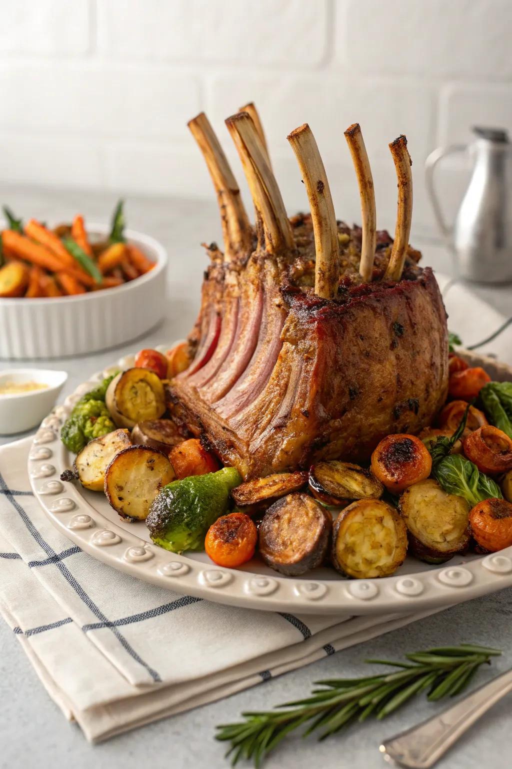 A magnificent pork crown roast, setting the stage for a memorable New Year's gathering.