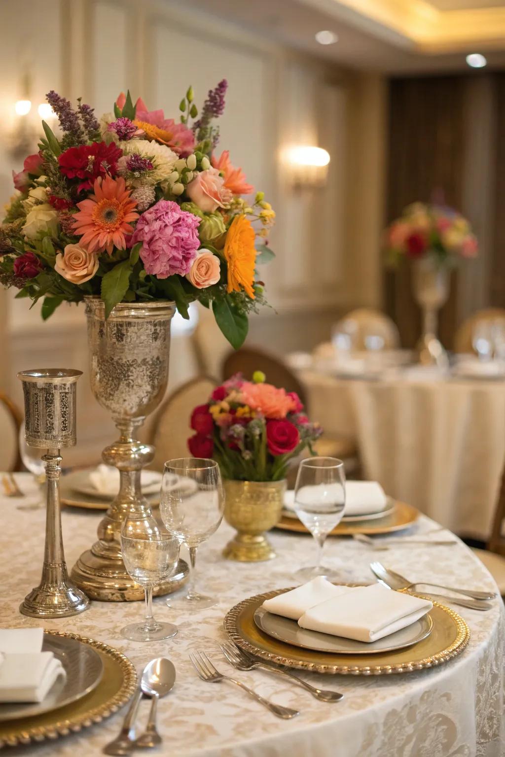 Floral highlights in metallic holders introduce a modern flair.