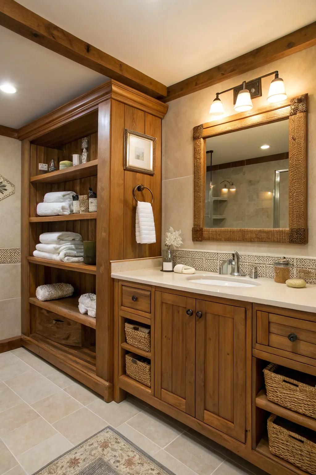 Warm wood details in a bathroom adding texture and contrast.