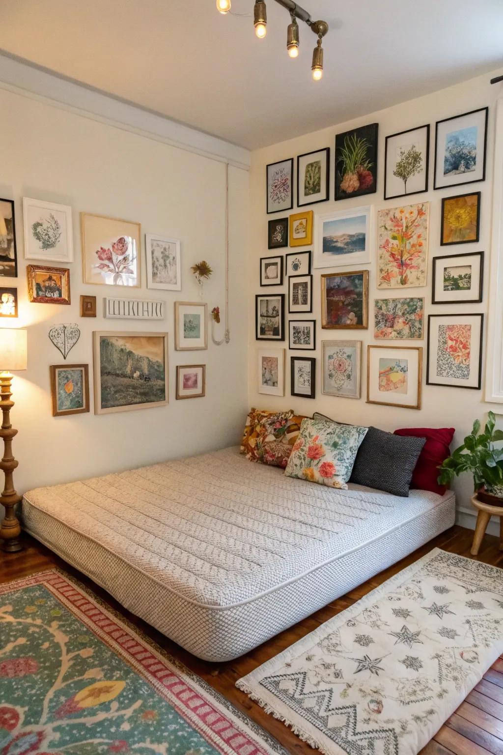 A gallery wall adds personality and intrigue to your bedroom.