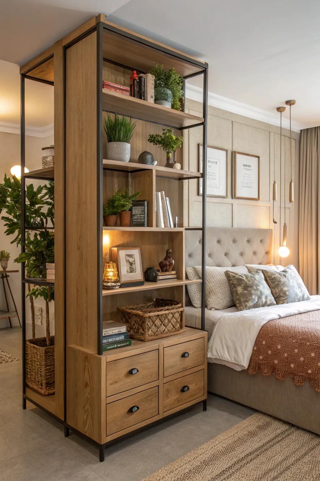 Room dividers can serve as fashionable storage.
