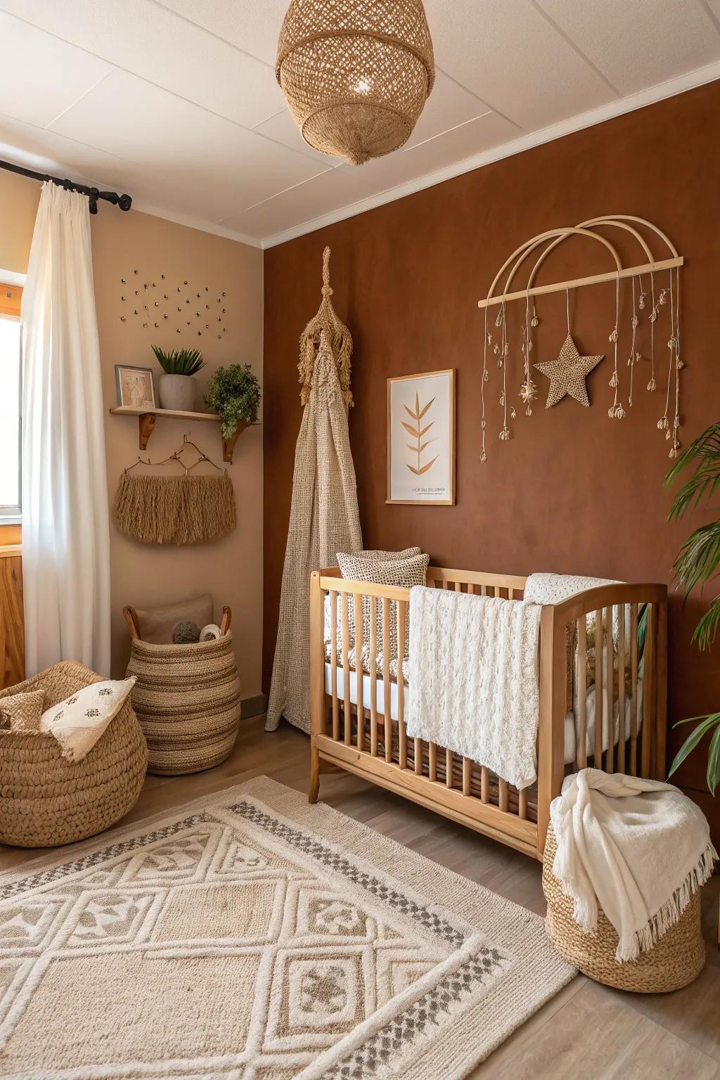 A comforting nursery featuring warm cocoa tones.