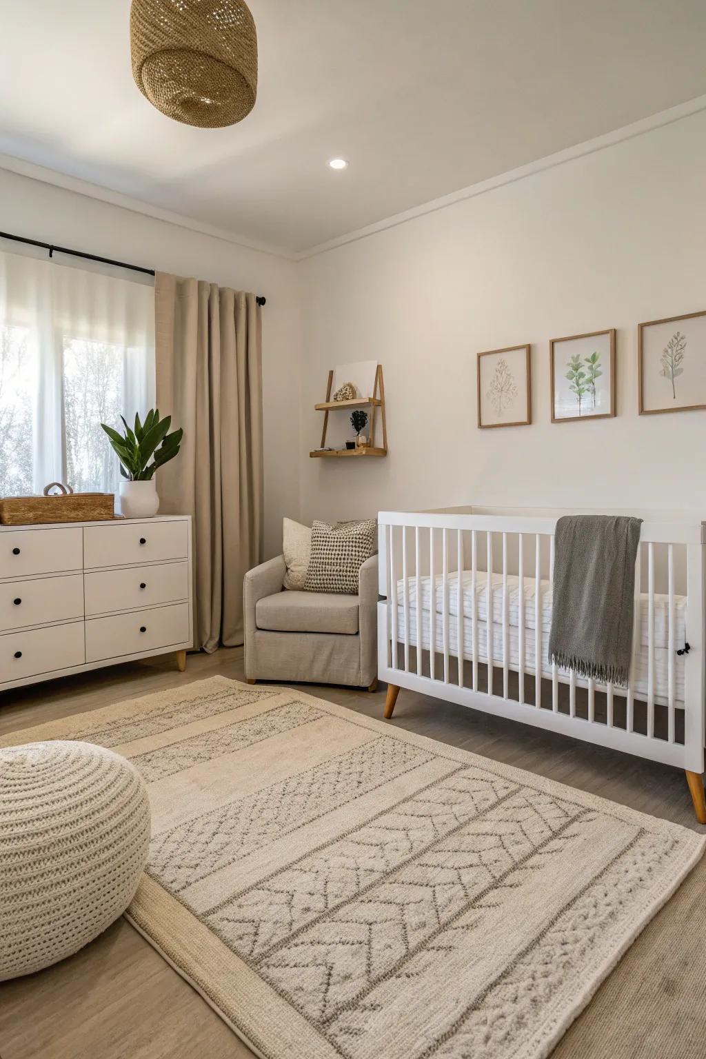 Minimalist rugs enhance a neat and calm nursery environment.