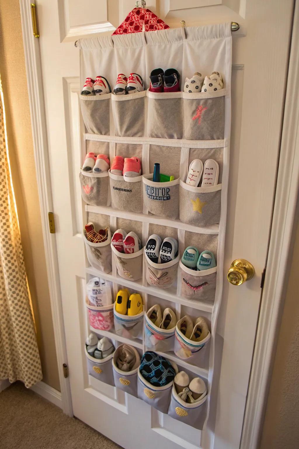 Creative use of a pocket organizer for storing baby essentials in the nursery.