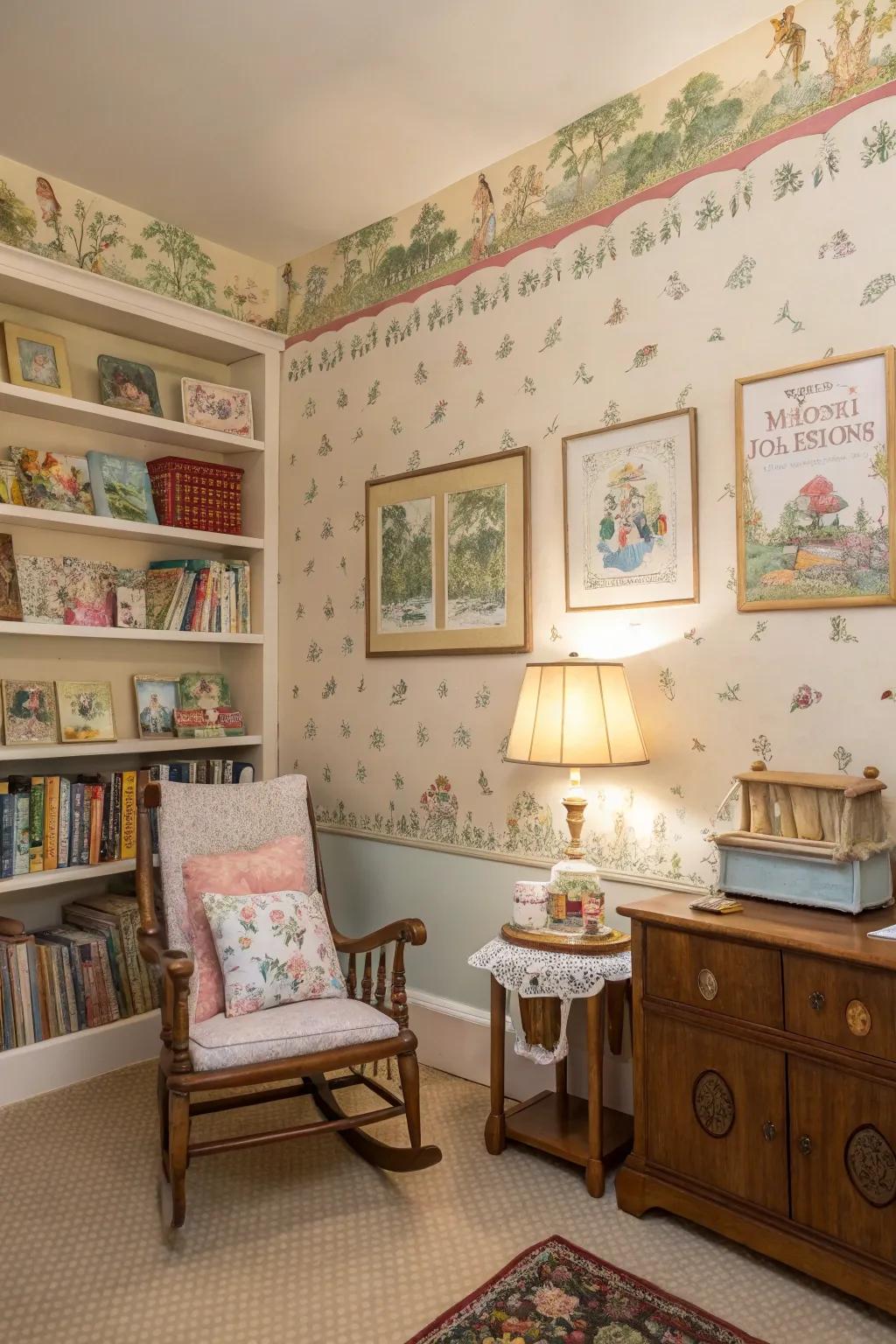 Vintage storybook wallpapers add charm and nostalgia.