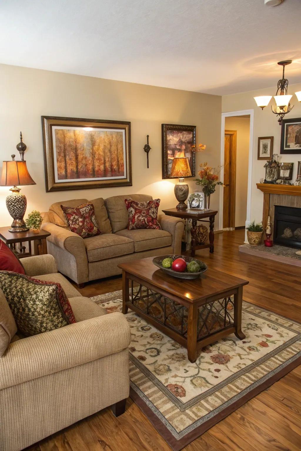 Artful details enrich personality within a room featuring oak floors.
