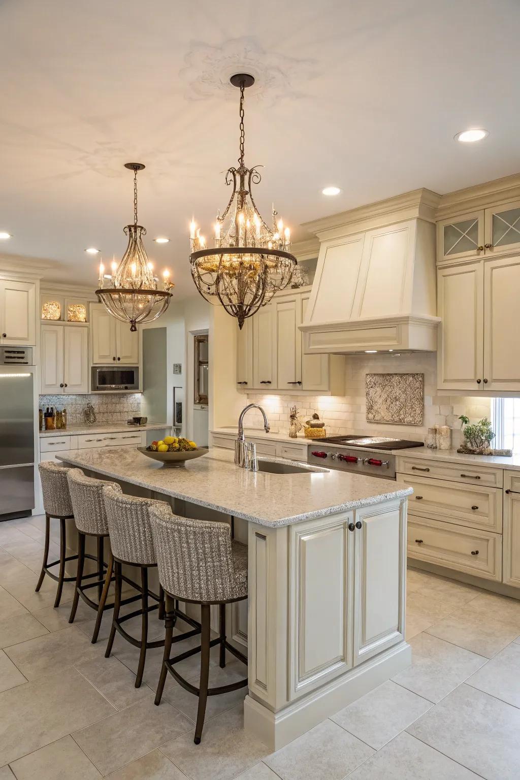 Lights add personality to kitchen spaces.