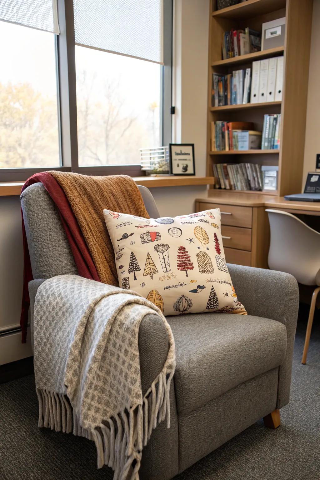 Personalized cushions and a throw bring a distinctive touch to this office reading chair.