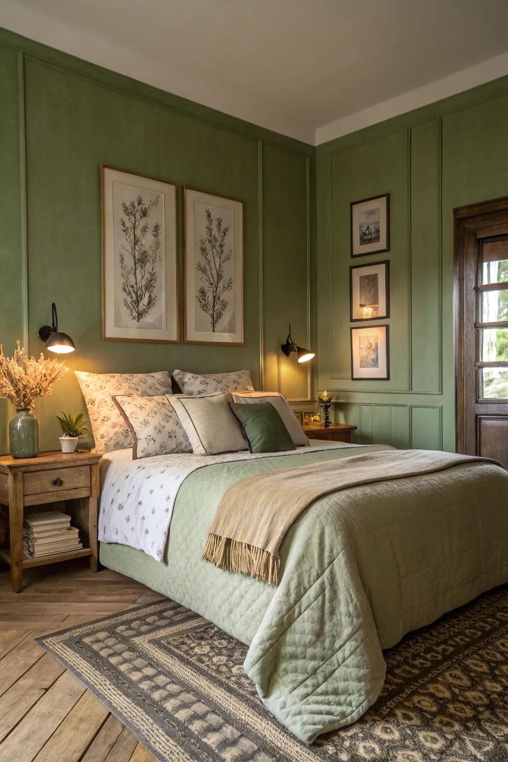 A serene bedroom retreat with calming woodland moss walls.