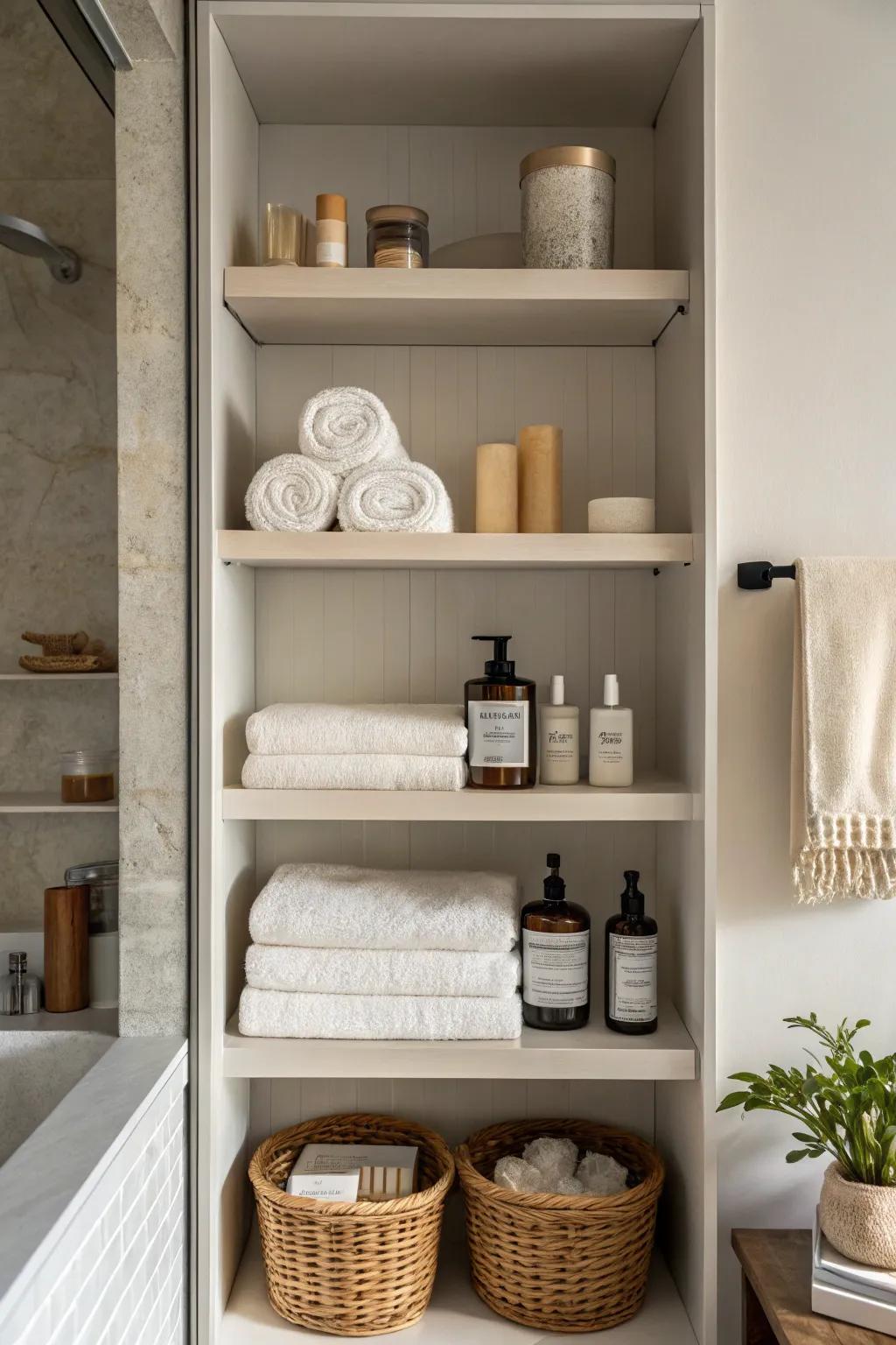 An open, unconfined arrangement sustains the bathroom&rsquo;s spacious ambiance.