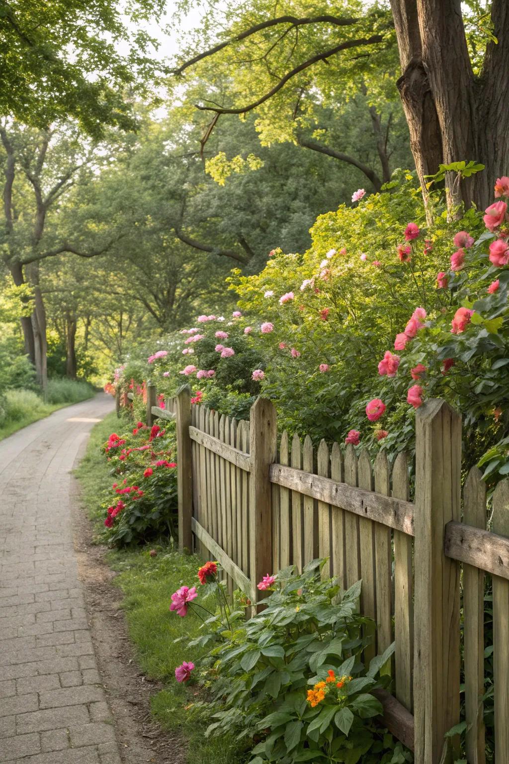 Unbroken integration using natural timber fencing within garden landscapes.