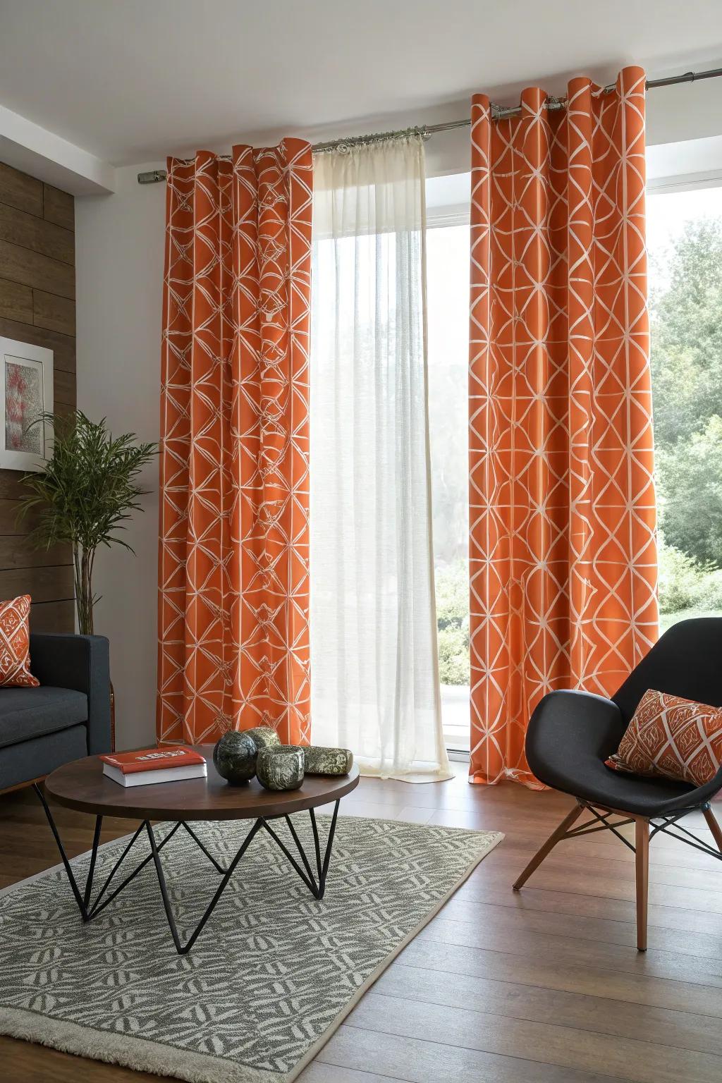 Geometric orange window coverings add a modern flair.