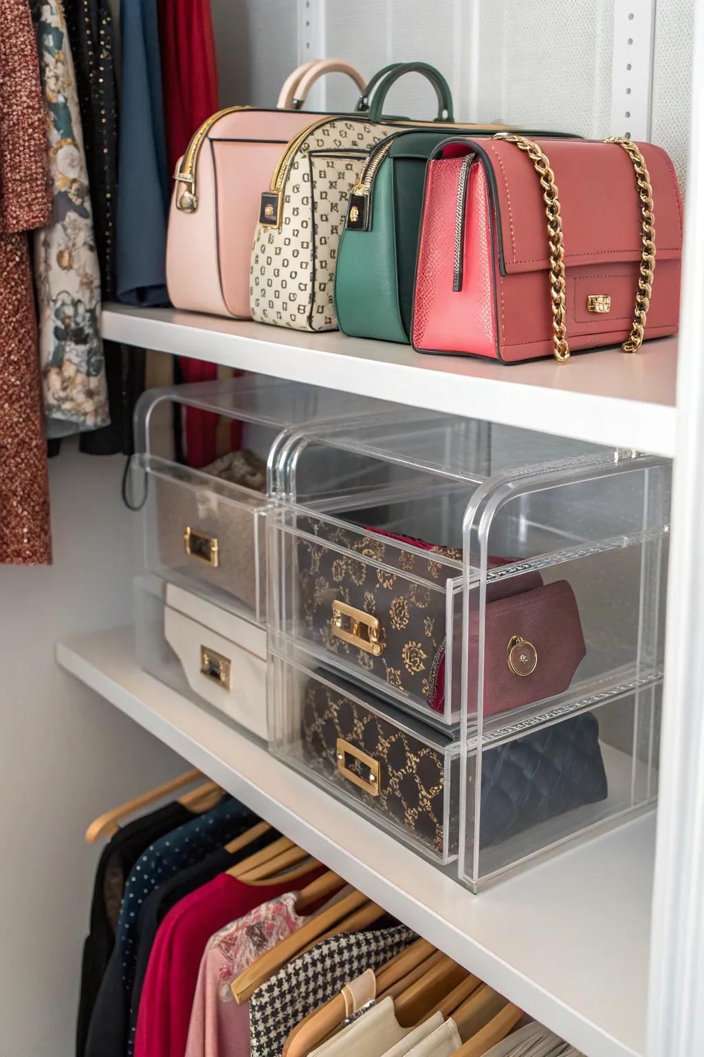 Acrylic dividers fashion a stylish and coordinated handbag display.