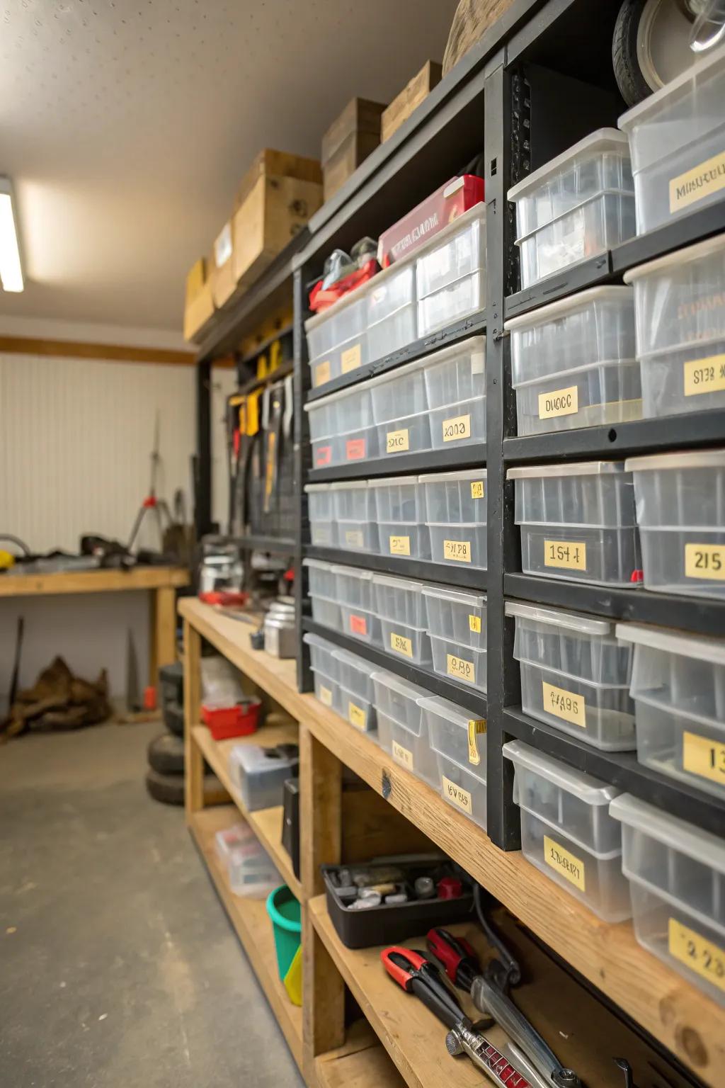 Clear bins and labels maximize garage shelf organization
