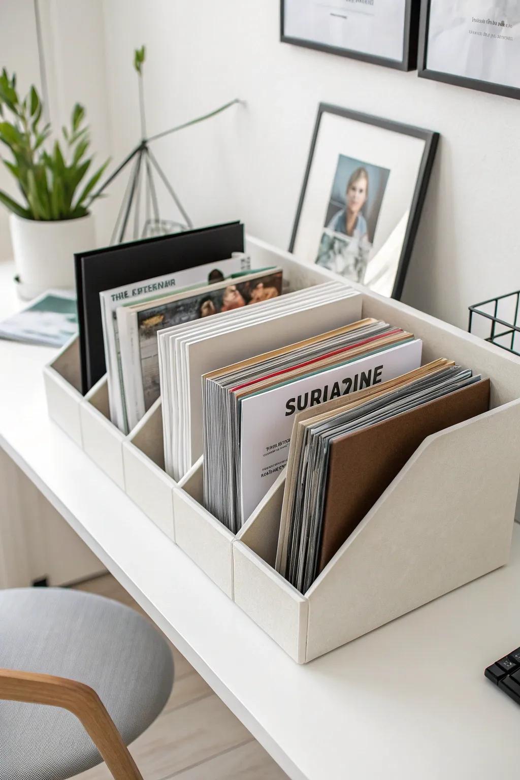 Magazine files keep papers tidy and easy to find.