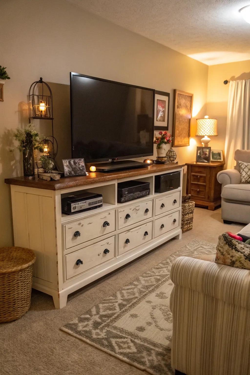A dresser used as a media hub enhances storage.