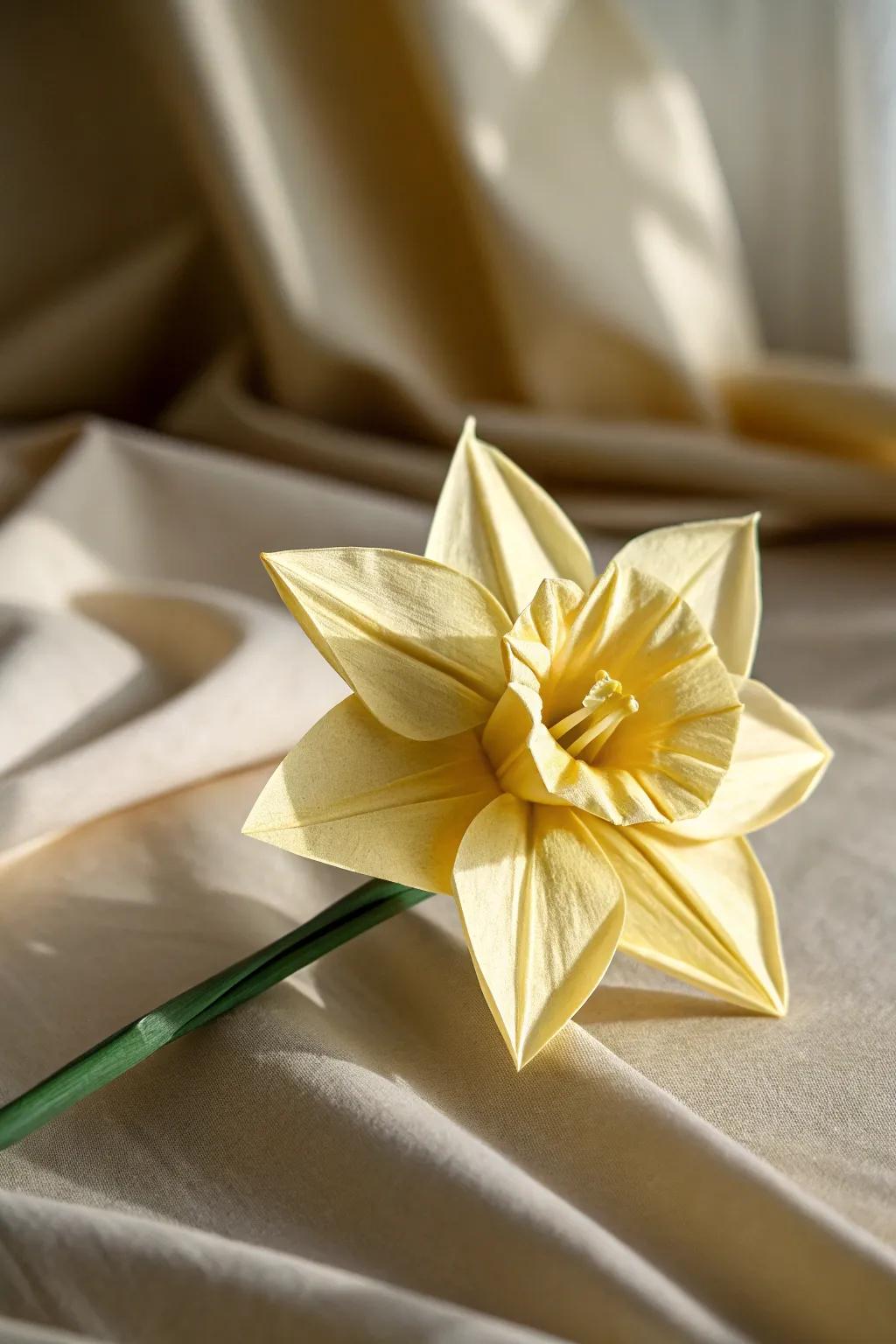 Embrace the spirit of springtime with a bespoke paper folded daffodil, combining simplicity and ingenuity for an indoor hint of nature.