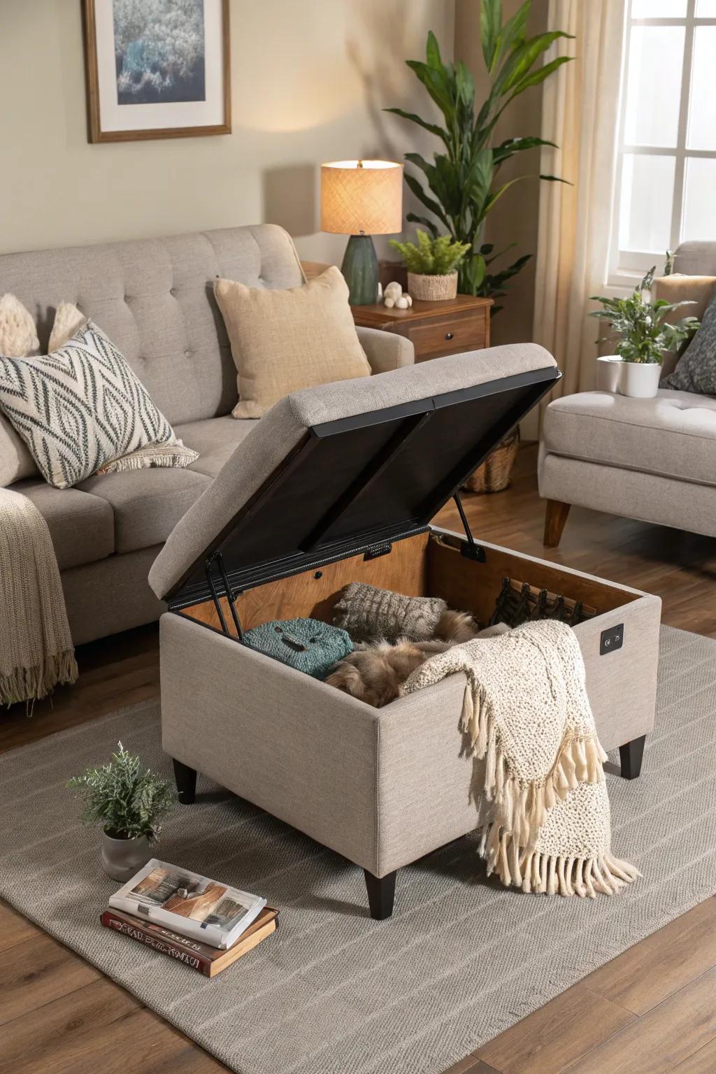 An ottoman featuring concealed storage for a pristine space.