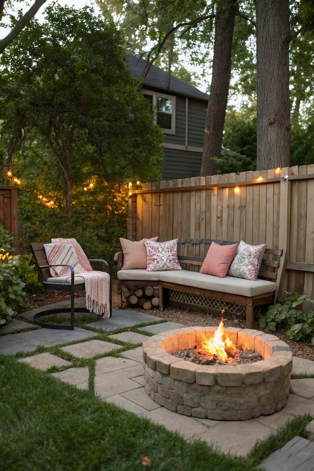Cozy evenings around a firepit with a welcoming bench.
