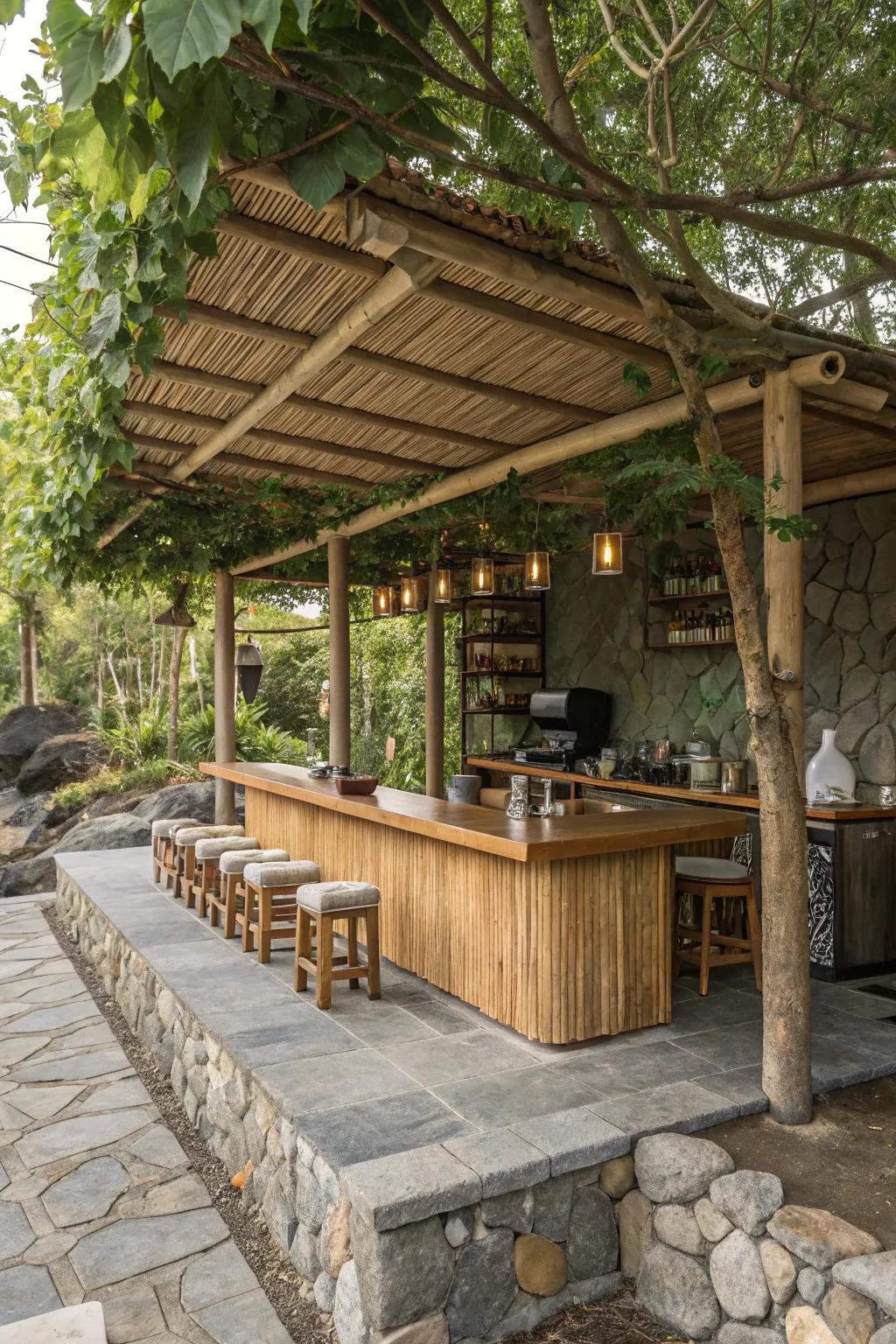 A coffee bar that perfectly integrates all-natural appearances for a cohesive look.