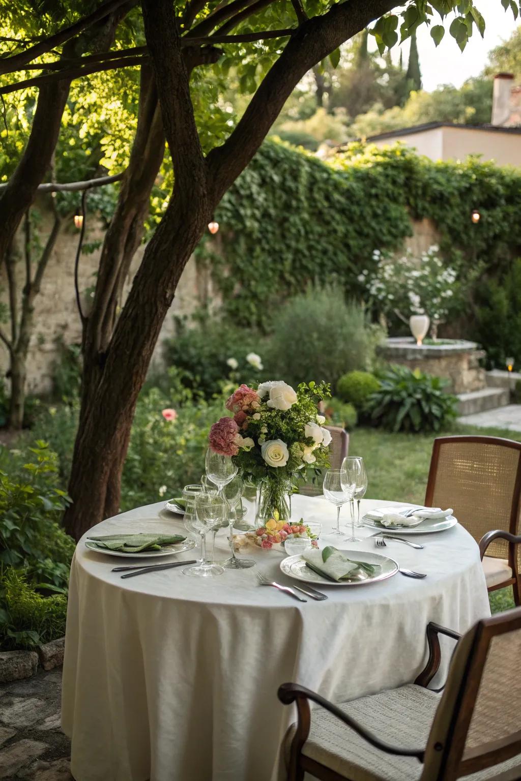 A secluded dining spot nestled in a lush garden.