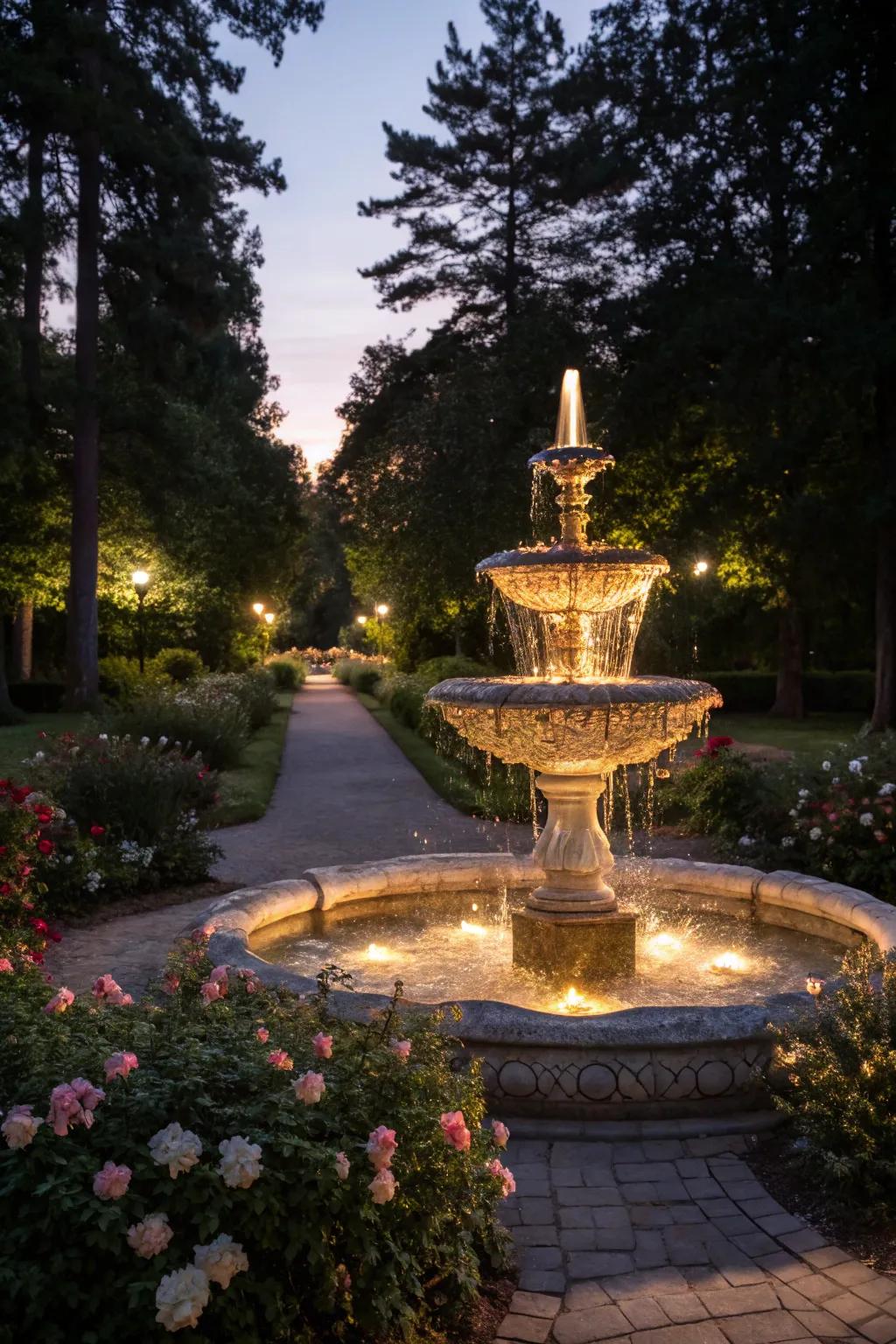 A fountain exquisitely lit with atmospheric lighting.