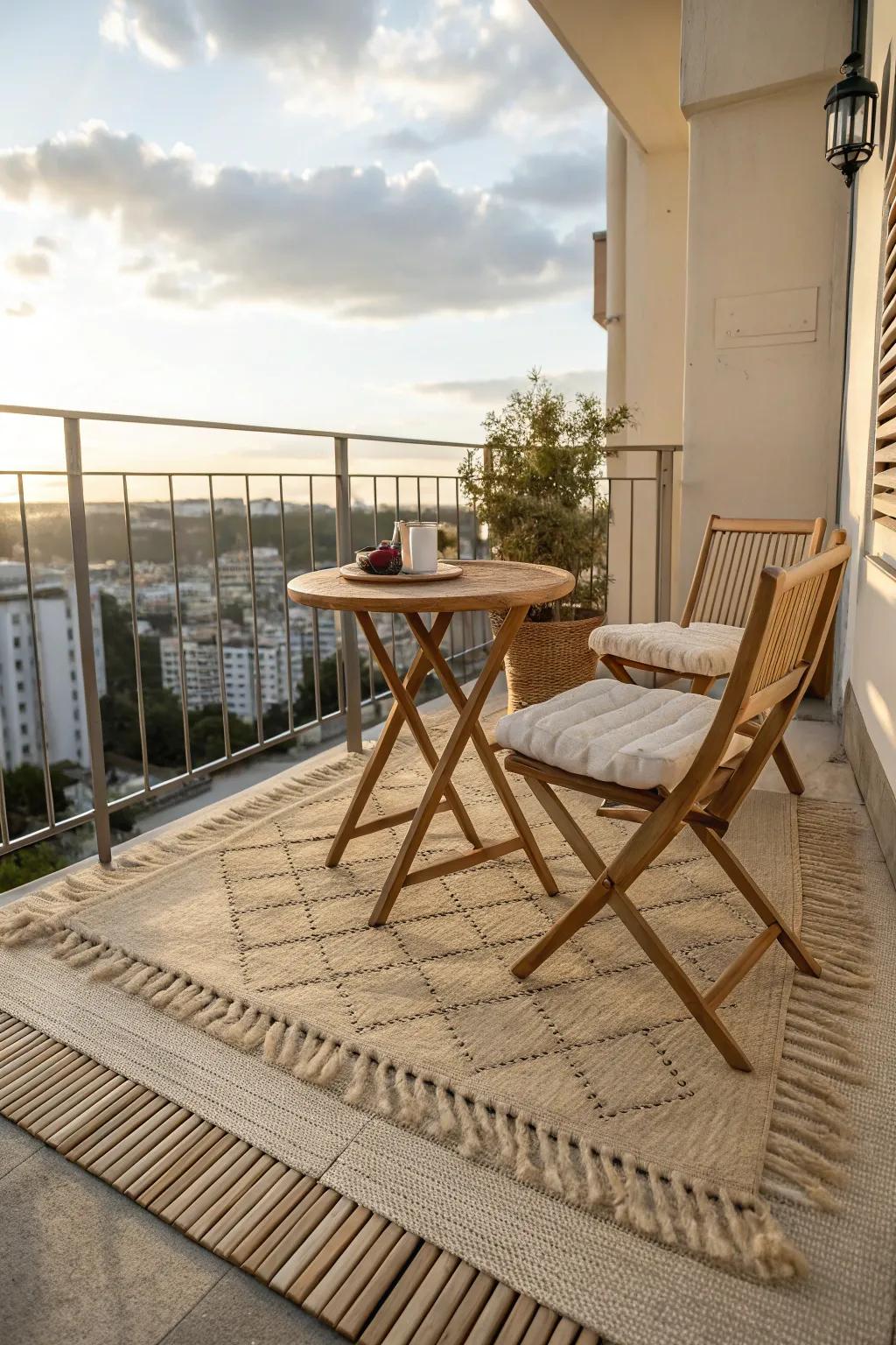 Alfresco mats contribute warmth and delineate petite zones.