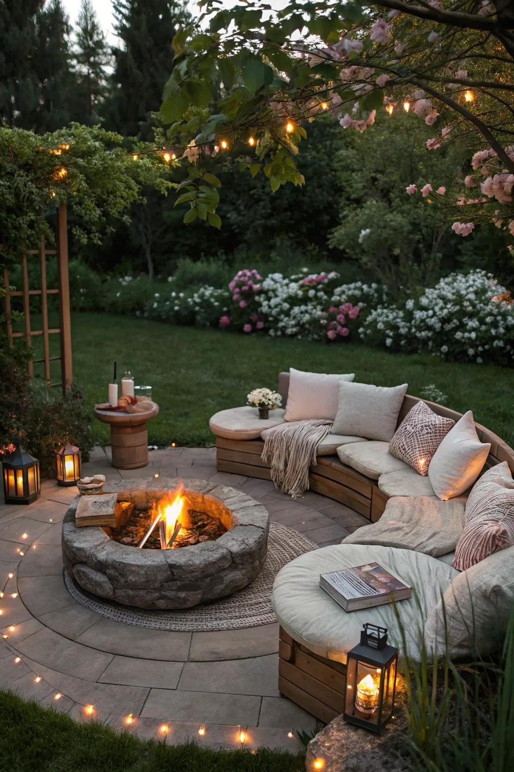 A fire circle fashions a warm gathering hub in the garden.