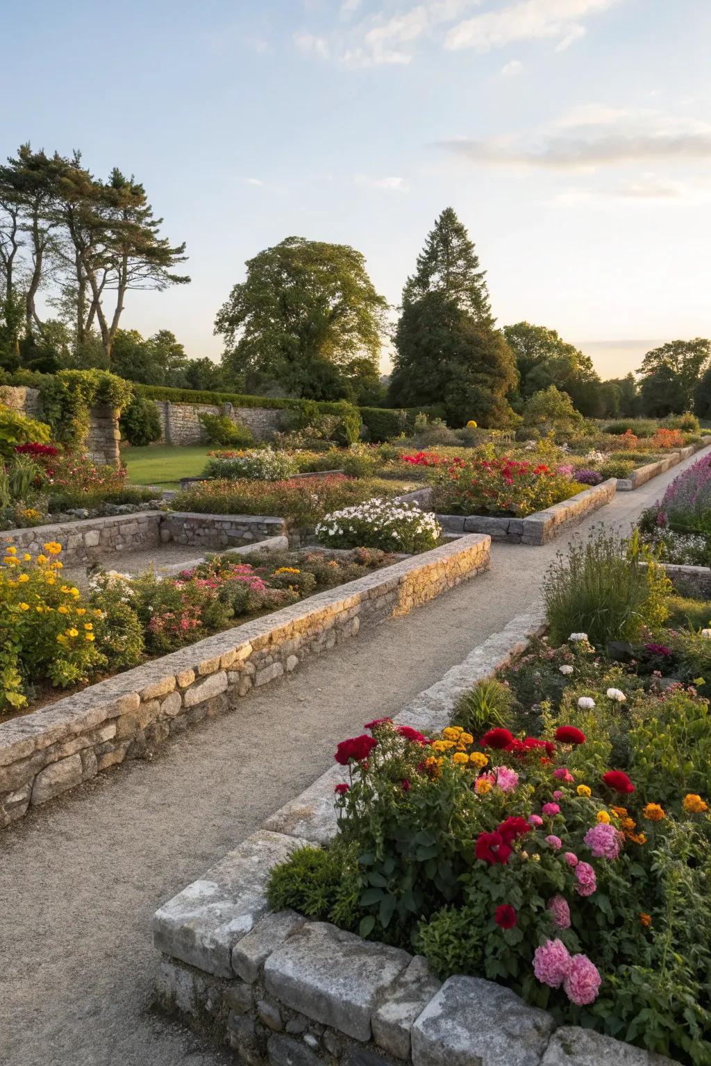 Stone walls supply layout and distinction to garden borders.