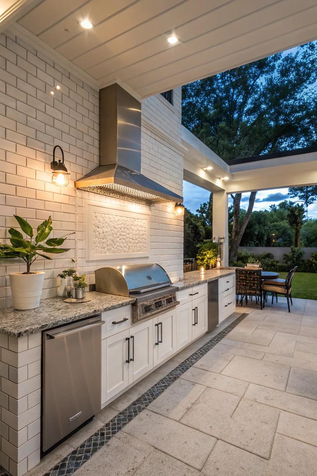Subway tiles offer a timeless and easy-to-maintain style for outdoor kitchens.