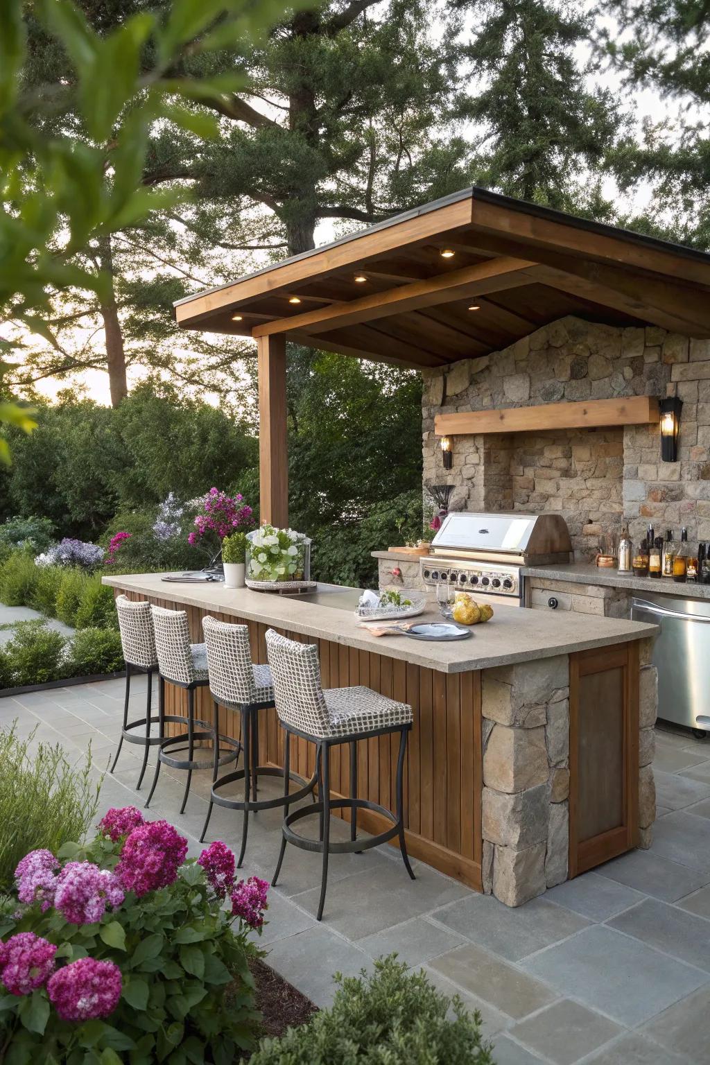 A built-in bar encourages socializing in your open-air kitchen.