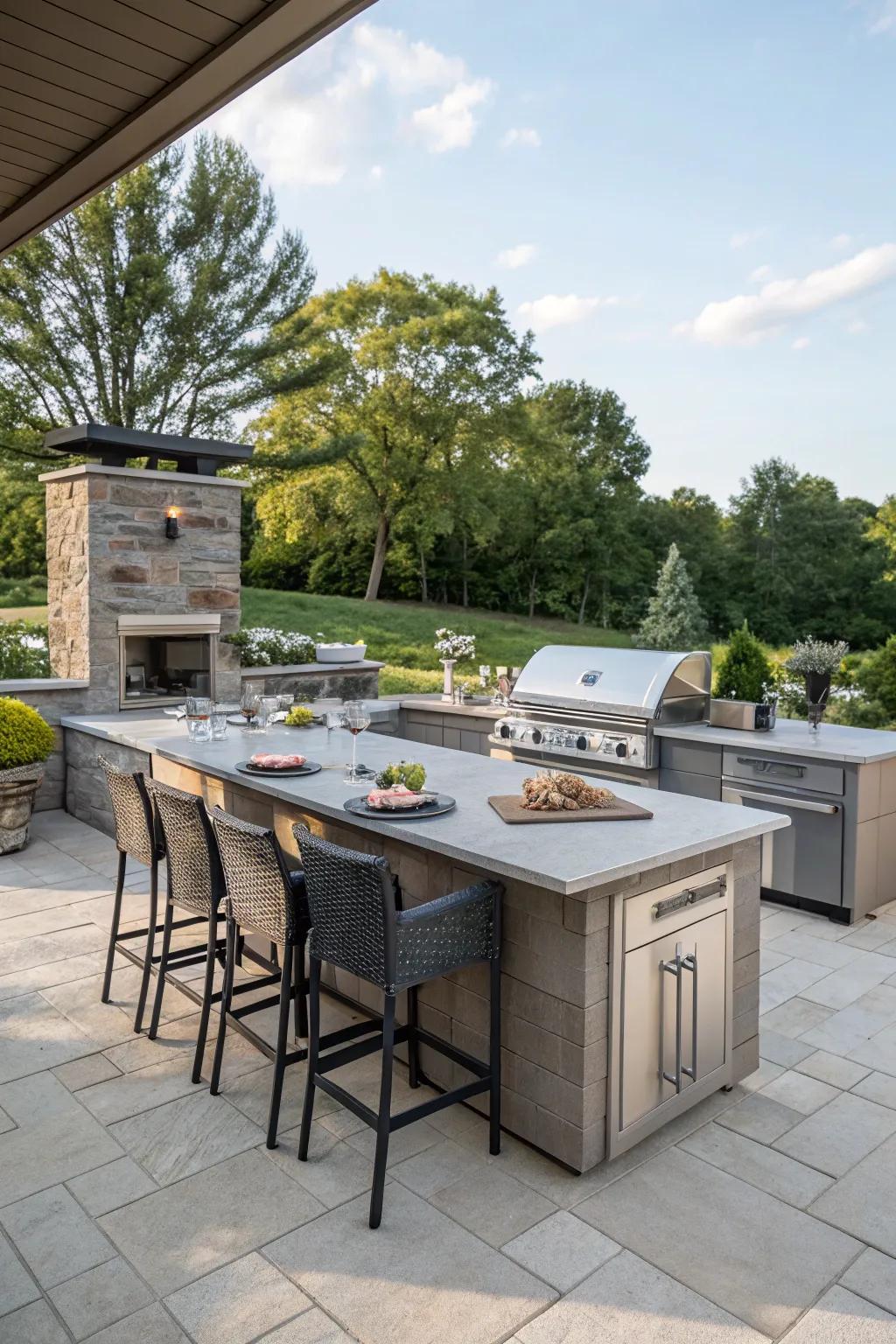 A versatile two-level outdoor cooking area offering designated prep and dining spaces.