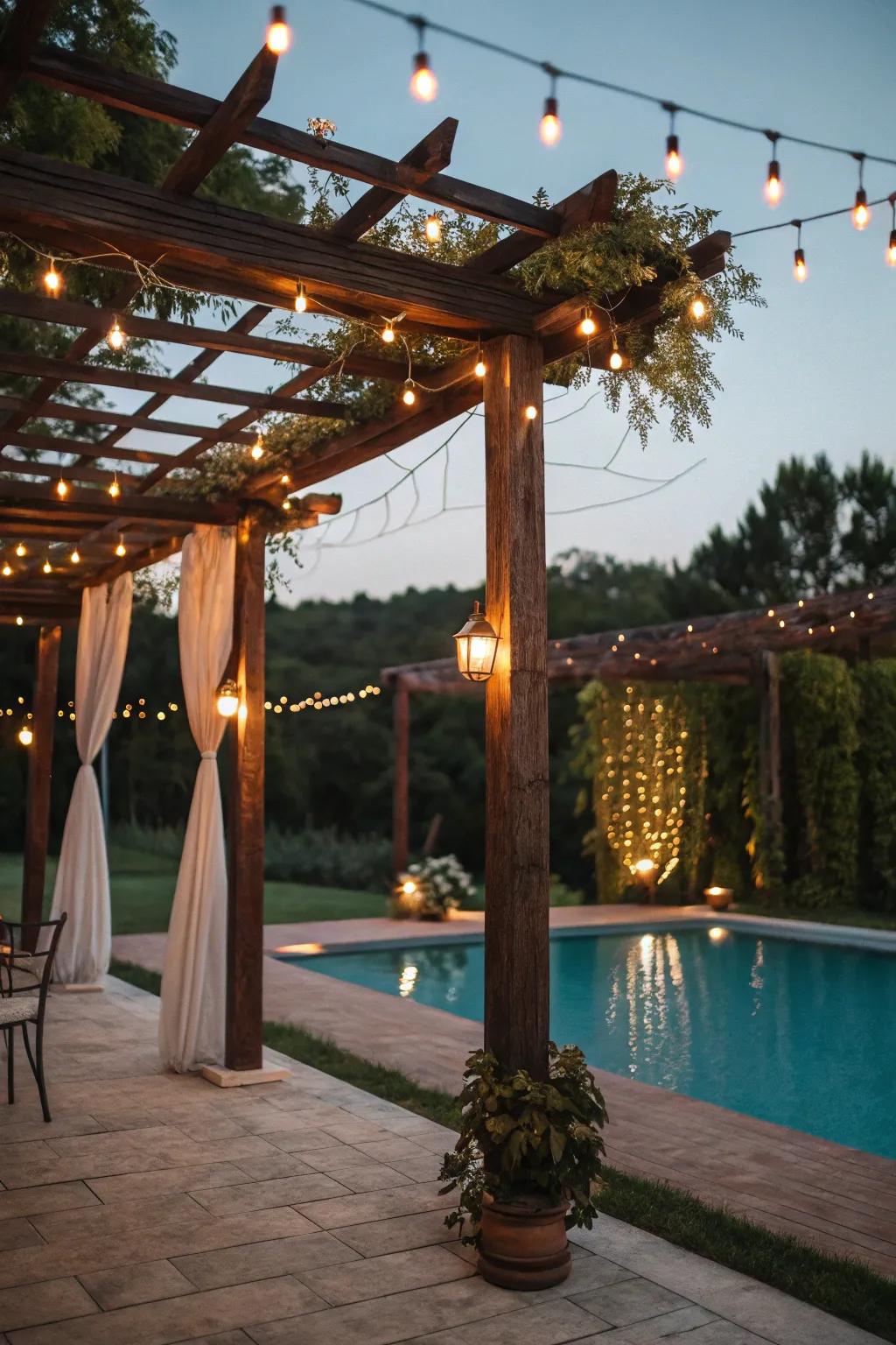 A pergola with hanging lights transforms the poolside into an inviting nook.