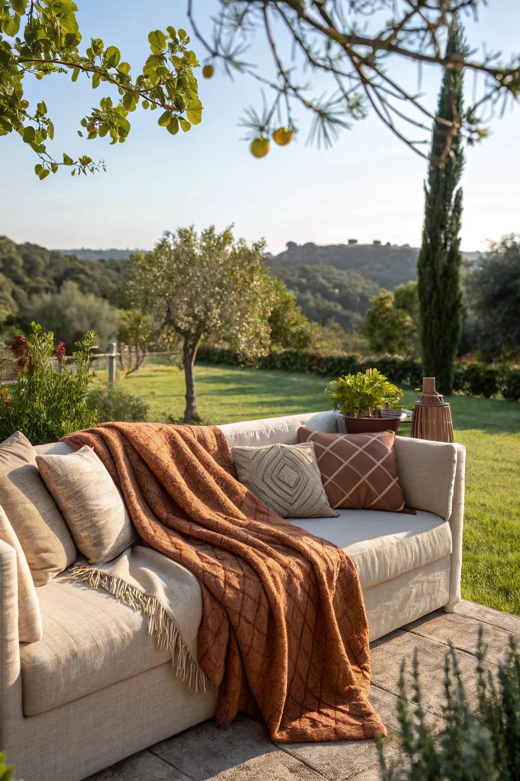 Wraps and blankets offer warmth and coziness for your open-air space.