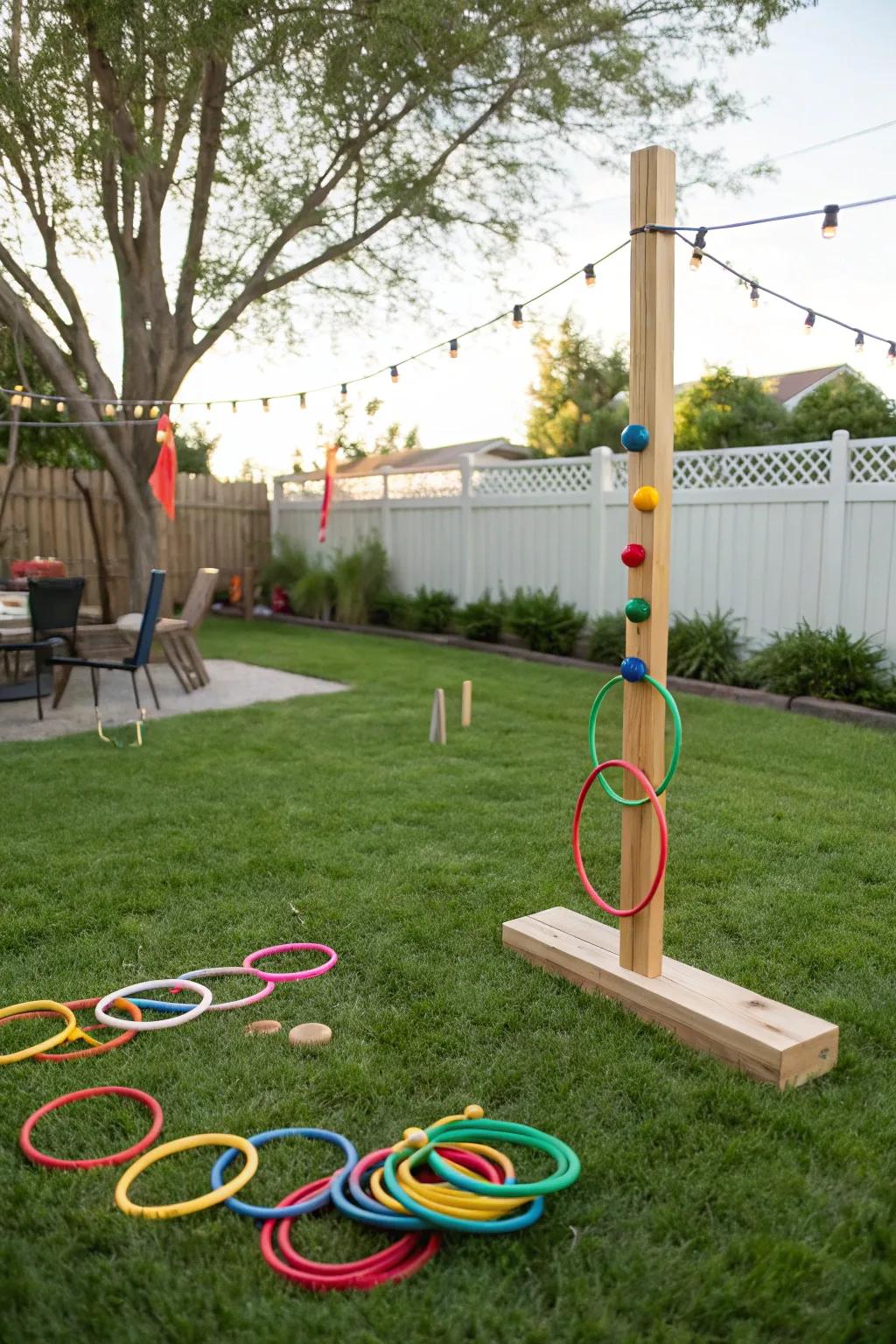 An enjoyable loop toss activity configuration in a backyard