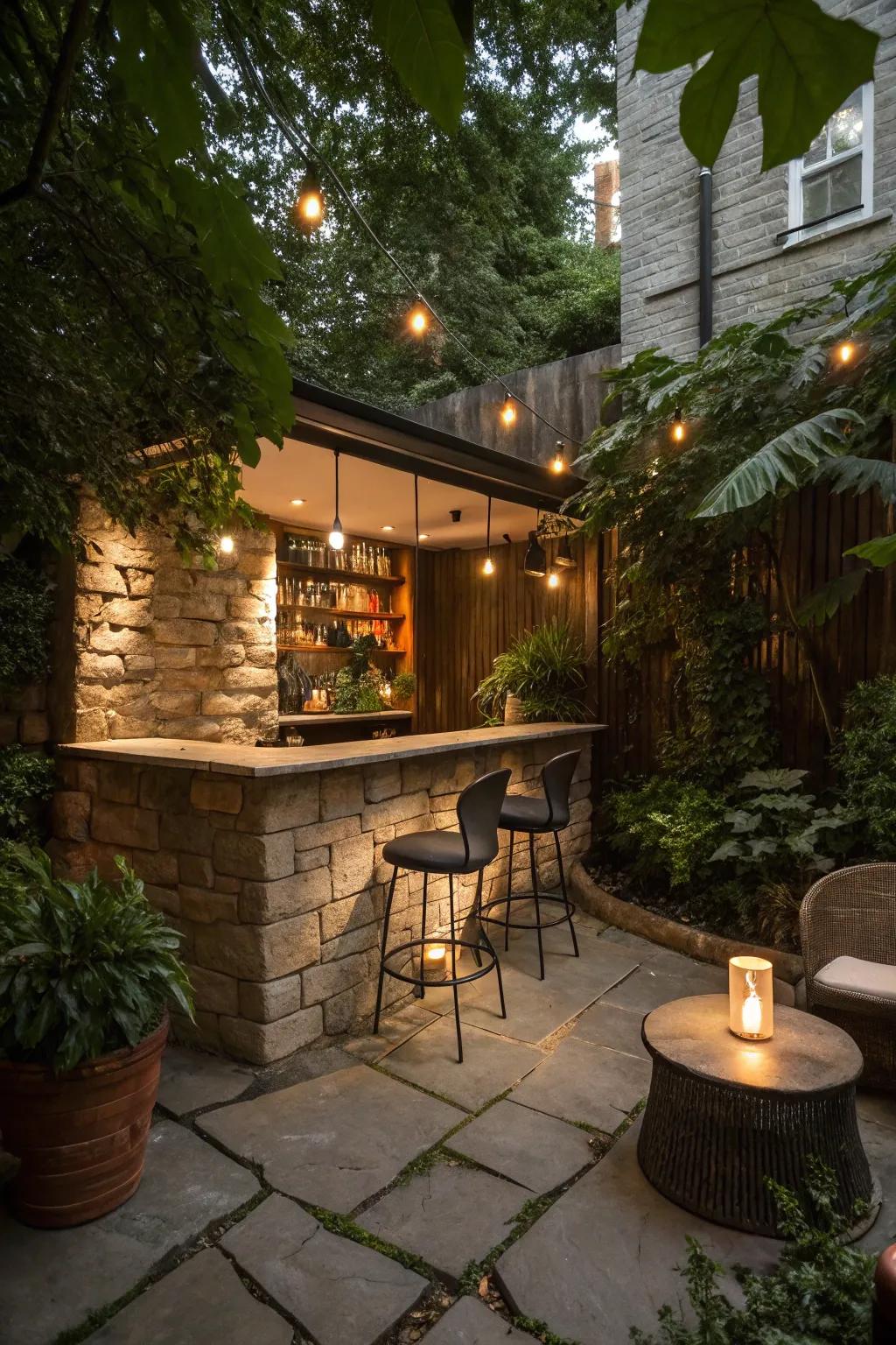A cozy corner stone bar perfect for small spaces.