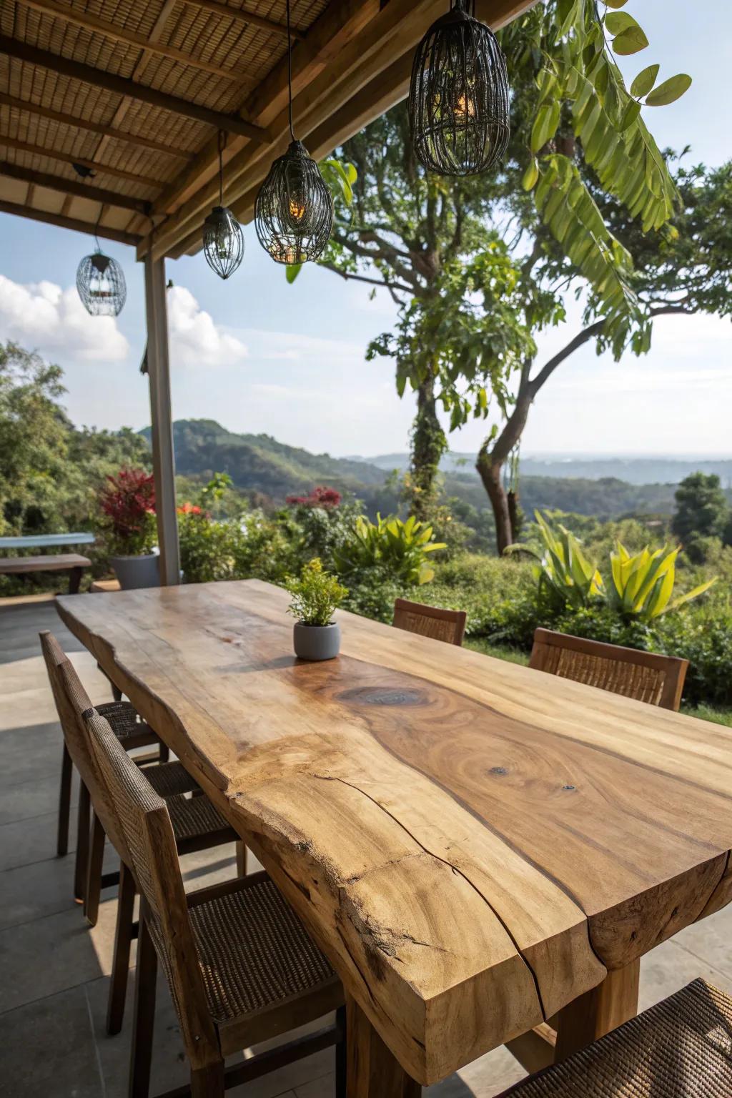 Live edge wooden table tops highlight the raw beauty of natural wood.