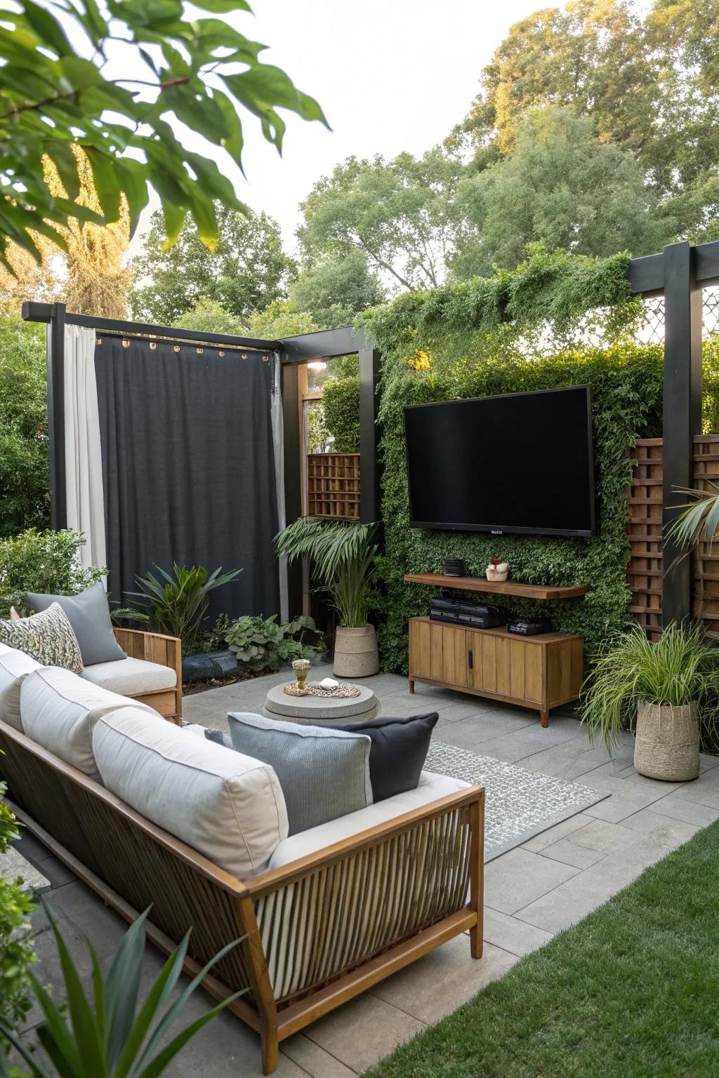 Privacy screens elevate seclusion and ambiance in your outdoor TV space.