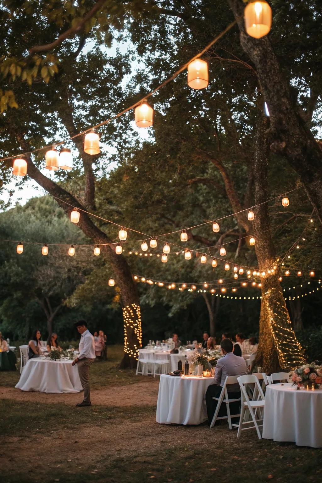 Produce a comfy atmosphere with strung illumination and lanterns.