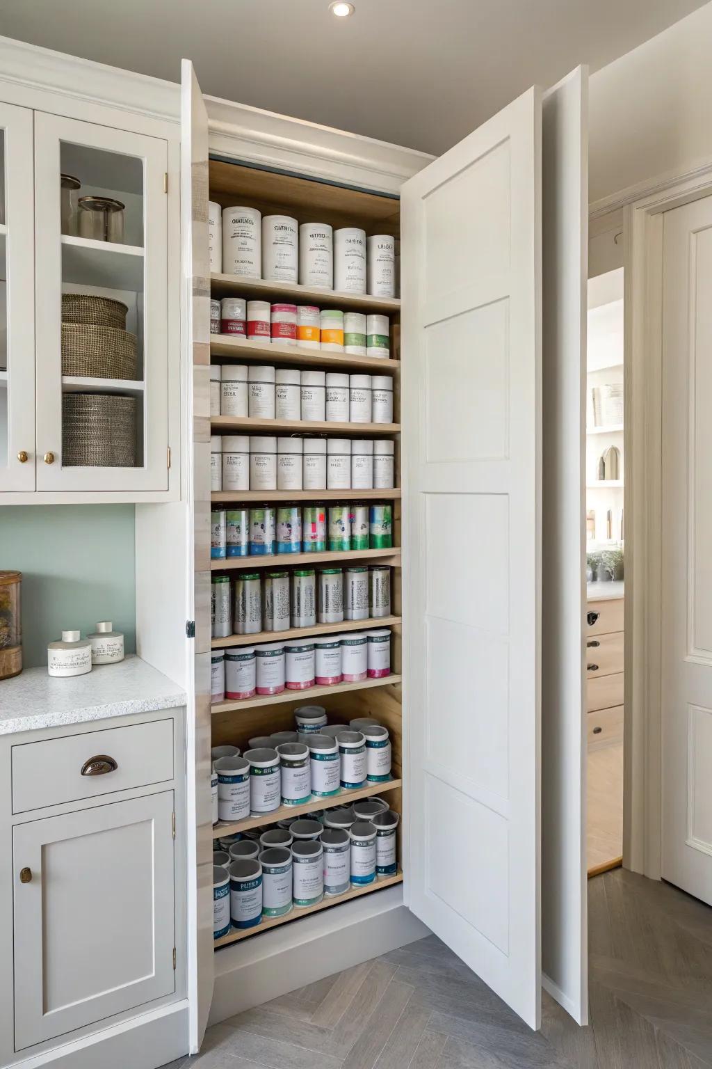 Built-in cabinet featuring paint cans neatly stowed inside.