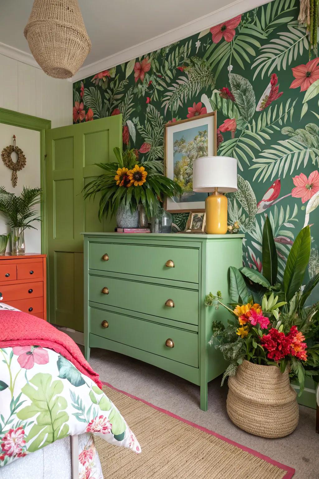 Introduce exotic allure with a jungle green dresser.