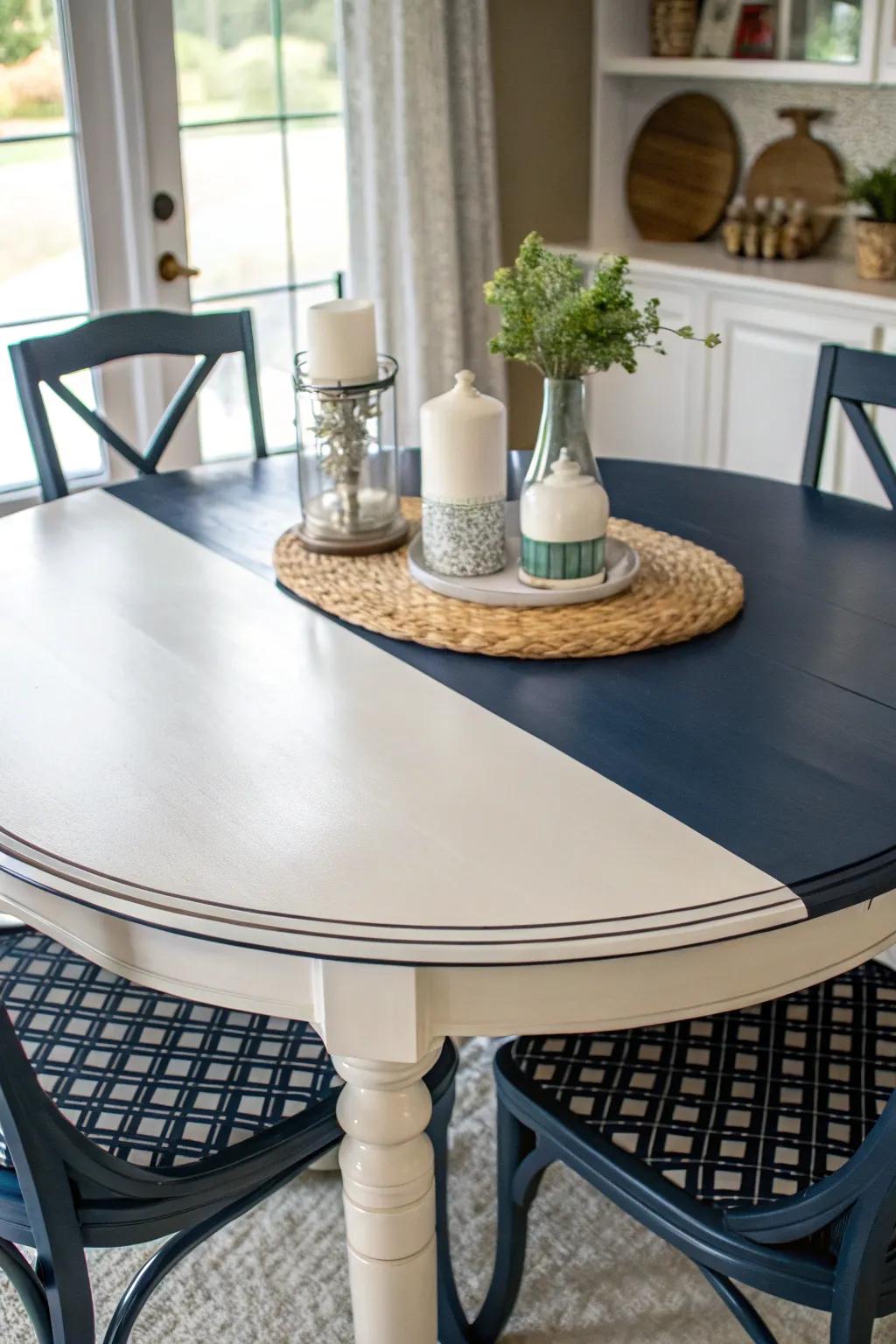 Two-tone finishes add visual interest to your dining table.