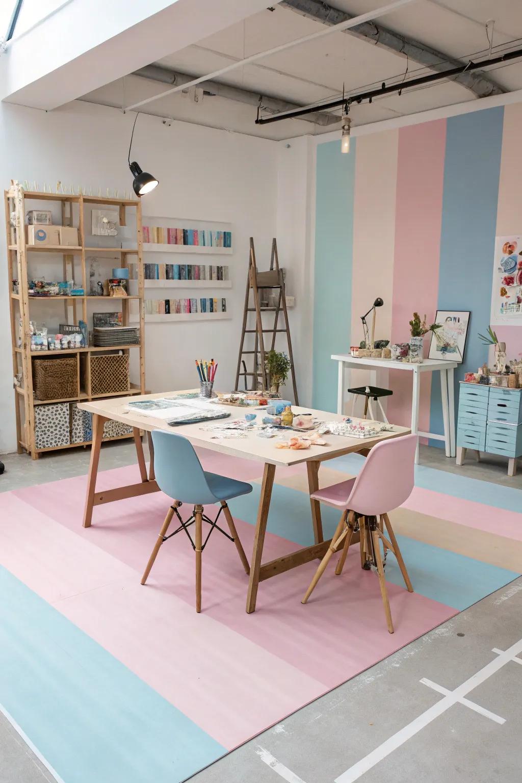 A creative studio space with floors painted in pastel colors, creating an environment that is calming and inspires.