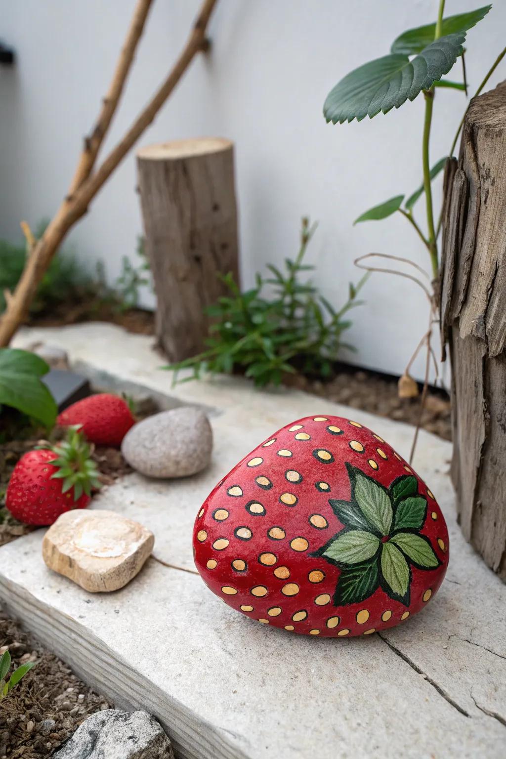 Nature's delightful deception: a stunningly crafted stone strawberry for your garden's amusement!